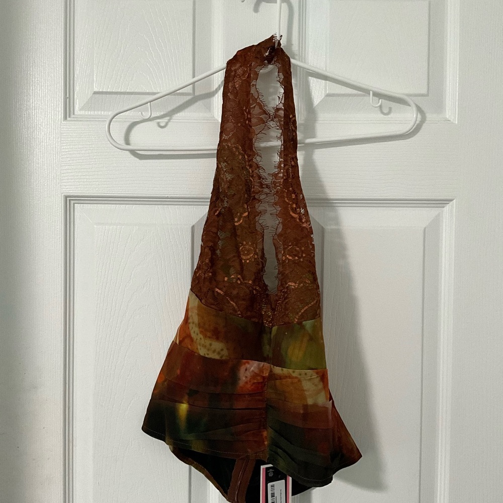 Elegant Brown and Green Lace Halter Top